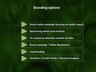 Social media campaign focusing on health aspect
Sponsoring events and contests
TV screens to advertize content at Cafes
Bra d a paig Coffee Re olutio
Cup Branding
Vouchers / Scratch Cards / Discount Coupons
Branding options
 