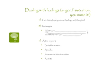 Dealing with feelings (anger, frustration,
                            you name it!)
        1)       Get clear about your own feelings and thoughts!

        2)       I-messages

                  “When you__________________________, I
                   feel _______________________________. It
                   would help me if you _______________.”

        1)       Active listening

                  Be in the moment

                  Breathe

                  Reserve emotional reaction

                  Restate
 