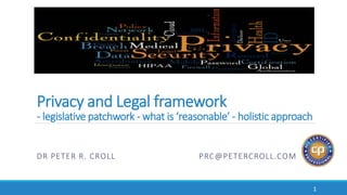 Privacy and Legal framework
- legislative patchwork - what is ‘reasonable’ - holistic approach
DR PETER R. CROLL PRC@PETERCROLL.COM
1
 