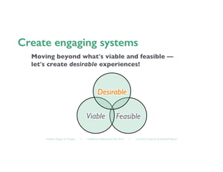 Healthy Design for People ◦ Healthcare Refactored, May 2014 ◦ Lorraine Chapman & Elizabeth Bacon	

Moving beyond what’s viable and feasible — 
let’s create desirable experiences!	

 