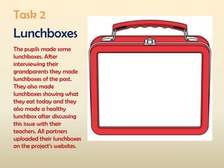 Task 2

Lunchboxes
The pupils made some
lunchboxes. After
interviewing their
grandparents they made
lunchboxes of the past.
They also made
lunchboxes showing what
they eat today and they
also made a healthy
lunchbox after discussing
this issue with their
teachers. All partners
uploaded their lunchboxes
on the project’s websites.

 
