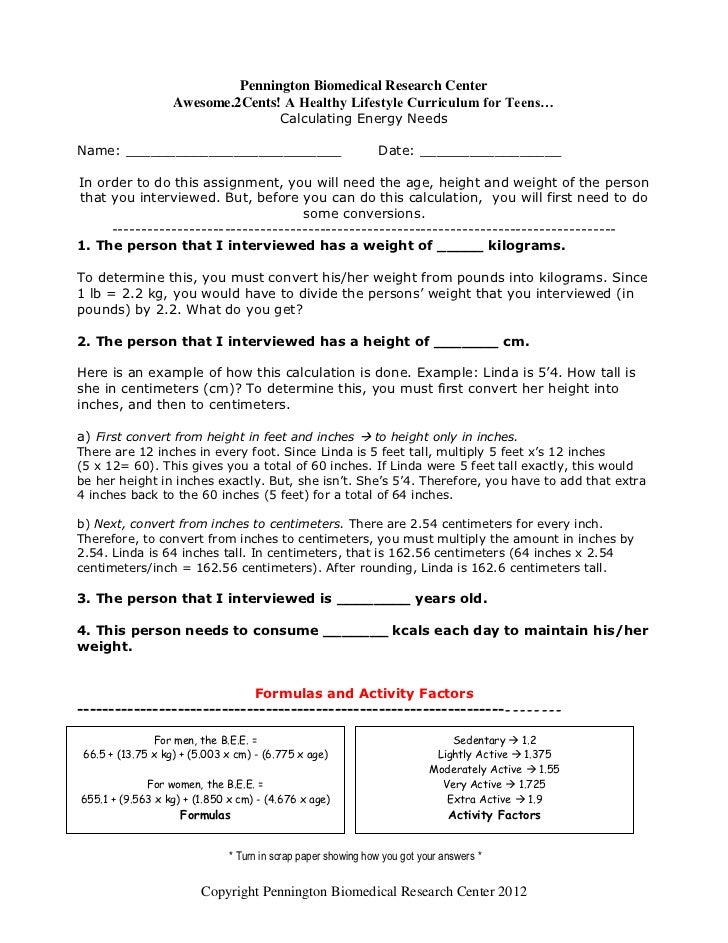 Healthy diet Unit 2 calculating energy needs