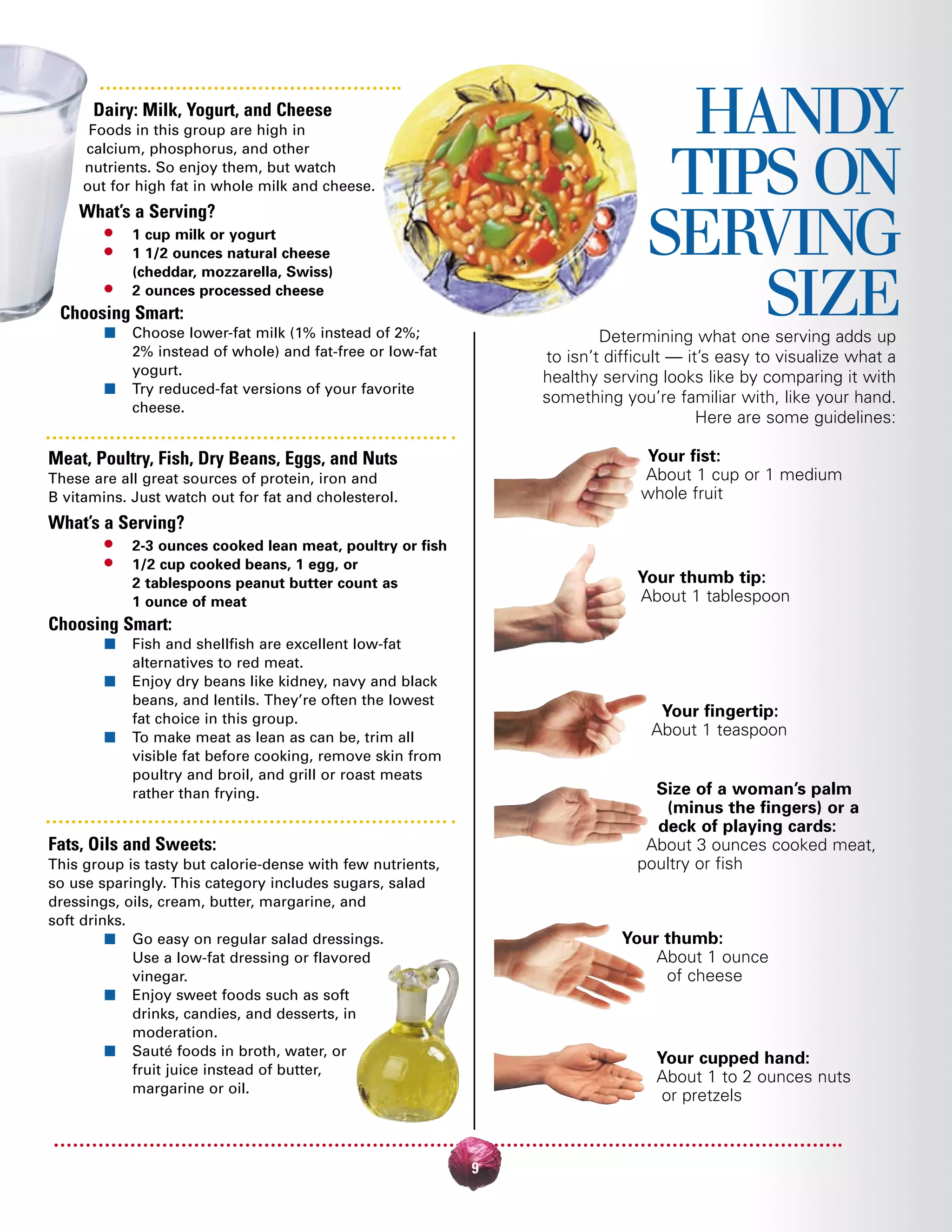 Your fist:
About 1 cup or 1 medium
whole fruit
Your thumb tip:
About 1 tablespoon
Your fingertip:
About 1 teaspoon
Size of a woman’s palm
(minus the fingers) or a
deck of playing cards:
About 3 ounces cooked meat,
poultry or fish
Your thumb:
About 1 ounce
of cheese
Your cupped hand:
About 1 to 2 ounces nuts
or pretzels
9
HANDY
TIPS ON
SERVING
SIZE
Dairy: Milk, Yogurt, and Cheese
Foods in this group are high in
calcium, phosphorus, and other
nutrients. So enjoy them, but watch
out for high fat in whole milk and cheese.
What’s a Serving?
q 1 cup milk or yogurt
q 1 1/2 ounces natural cheese
(cheddar, mozzarella, Swiss)
q 2 ounces processed cheese
Choosing Smart:
s Choose lower-fat milk (1% instead of 2%;
2% instead of whole) and fat-free or low-fat
yogurt.
s Try reduced-fat versions of your favorite
cheese.
Meat, Poultry, Fish, Dry Beans, Eggs, and Nuts
These are all great sources of protein, iron and
B vitamins. Just watch out for fat and cholesterol.
What’s a Serving?
q 2-3 ounces cooked lean meat, poultry or fish
q 1/2 cup cooked beans, 1 egg, or
2 tablespoons peanut butter count as
1 ounce of meat
Choosing Smart:
s Fish and shellfish are excellent low-fat
alternatives to red meat.
s Enjoy dry beans like kidney, navy and black
beans, and lentils. They’re often the lowest
fat choice in this group.
s To make meat as lean as can be, trim all
visible fat before cooking, remove skin from
poultry and broil, and grill or roast meats
rather than frying.
Fats, Oils and Sweets:
This group is tasty but calorie-dense with few nutrients,
so use sparingly. This category includes sugars, salad
dressings, oils, cream, butter, margarine, and
soft drinks.
s Go easy on regular salad dressings.
Use a low-fat dressing or flavored
vinegar.
s Enjoy sweet foods such as soft
drinks, candies, and desserts, in
moderation.
s Sauté foods in broth, water, or
fruit juice instead of butter,
margarine or oil.
Determining what one serving adds up
to isn’t difficult — it’s easy to visualize what a
healthy serving looks like by comparing it with
something you’re familiar with, like your hand.
Here are some guidelines:
 