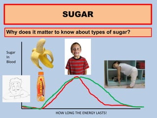 SUGAR
Why does it matter to know about types of sugar?
Sugar
In
Blood
HOW LONG THE ENERGY LASTS!
 