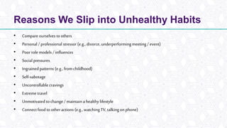Reasons We Slip into Unhealthy Habits
• Compare ourselves to others
• Personal / professional stressor (e.g., divorce, underperformingmeeting / event)
• Poor role models / influences
• Social pressures
• Ingrainedpatterns (e.g., from childhood)
• Self-sabotage
• Uncontrollable cravings
• Extreme travel
• Unmotivated to change/ maintaina healthylifestyle
• Connectfood to otheractions (e.g., watching TV, talkingon phone)
 