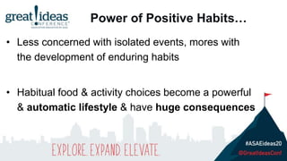 Power of Positive Habits…
• Less concerned with isolated events, mores with
the development of enduring habits
• Habitual food & activity choices become a powerful
& automatic lifestyle & have huge consequences
 