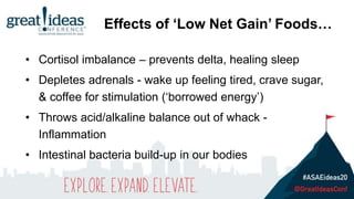 • Cortisol imbalance – prevents delta, healing sleep
• Depletes adrenals - wake up feeling tired, crave sugar,
& coffee for stimulation (‘borrowed energy’)
• Throws acid/alkaline balance out of whack -
Inflammation
• Intestinal bacteria build-up in our bodies
Effects of ‘Low Net Gain’ Foods…
 