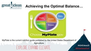 MyPlate is the current nutrition guide published by the United States Department of
Agriculture.
Achieving the Optimal Balance…
 