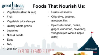 Foods That Nourish Us:
• Vegetables (land & sea)
• Fruit
• Vegetable juices/soups
• Quality whole grains
• Legumes
• Nuts & seeds
• Eggs
• Tofu
• Wild fish
• Grass-fed meats
• Oils: olive, coconut,
avocado, flax…
• Spices (turmeric, cumin,
ginger, cinnamon, cayenne),
vinegars (red wine & apple
cider)
 