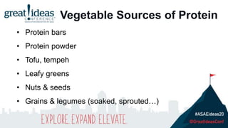 Vegetable Sources of Protein
• Protein bars
• Protein powder
• Tofu, tempeh
• Leafy greens
• Nuts & seeds
• Grains & legumes (soaked, sprouted…)
 