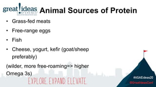 Animal Sources of Protein
• Grass-fed meats
• Free-range eggs
• Fish
• Cheese, yogurt, kefir (goat/sheep
preferably)
(wilder, more free-roaming=> higher
Omega 3s)
 