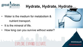 • Water is the medium for metabolism &
nutrient transport.
• It is the mineral of life.
• How long can you survive without water?
Hydrate, Hydrate, Hydrate…
 
