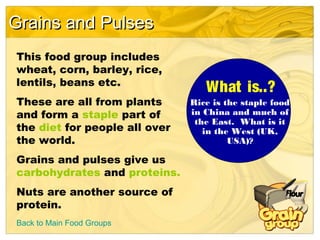 Grains and PulsesGrains and Pulses
Back to Main Food Groups
This food group includes
wheat, corn, barley, rice,
lentils, beans etc.
These are all from plants
and form a staple part of
the diet for people all over
the world.
Grains and pulses give us
carbohydrates and proteins.
Nuts are another source of
protein.
What is..?
Rice is the staple food
in China and much of
the East. What is it
in the West (UK,
USA)?
 