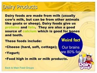 Dairy Products
Dairy foods are made from milk (usually
cow’s milk, but can be from other animals
like goats or sheep). Dairy foods give us
proteins and fats. They are also a good
source of calcium which is good for bones
and teeth.
These foods include:             Weird fact
•Cheese (hard, soft, cottage);    Our brains
•Yogurt;                         are 80% fat.
•Food high in milk or milk products.

Back to Main Food Groups
 