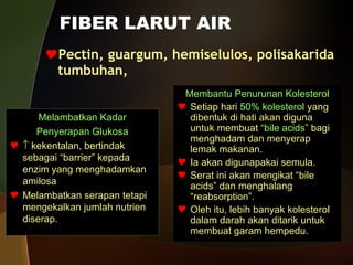 FIBER LARUT AIR Pectin, guargum, hemiselulos, polisakarida tumbuhan, Membantu Penurunan Kolesterol Setiap hari  50% kolesterol  yang dibentuk di hati akan diguna untuk membuat  “bile acids”  bagi menghadam dan menyerap lemak makanan. Ia akan digunapakai semula. Serat ini akan mengikat “bile acids” dan menghalang “reabsorption”. Oleh itu, lebih banyak kolesterol dalam darah akan ditarik untuk membuat garam hempedu. Melambatkan Kadar Penyerapan Glukosa    kekentalan, bertindak sebagai “barrier” kepada enzim yang menghadamkan amilosa  Melambatkan serapan tetapi mengekalkan jumlah nutrien diserap. 
