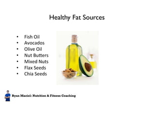 Healthy Fat Sources 
• Fish 
Oil 
• Avocados 
• Olive 
Oil 
• Nut 
Bu3ers 
• Mixed 
Nuts 
• Flax 
Seeds 
• Chia 
Seeds 
