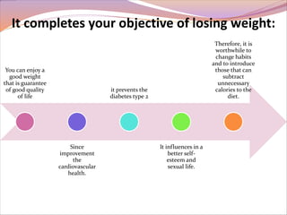 It completes your objective of losing weight: 
You can enjoy a 
good weight 
that is guarantee 
of good quality 
of life 
Since 
improvement 
the 
cardiovascular 
health. 
it prevents the 
diabetes type 2 
It influences in a 
better self-esteem 
and 
sexual life. 
Therefore, it is 
worthwhile to 
change habits 
and to introduce 
those that can 
subtract 
unnecessary 
calories to the 
diet. 
 