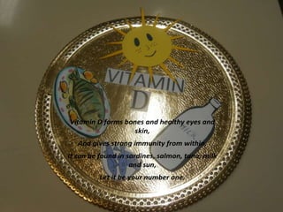 Vitamin D forms bones and healthy eyes and
skin,
And gives strong immunity from within,
It can be found in sardines, salmon, tuna, milk
and sun,
Let it be your number one.

 