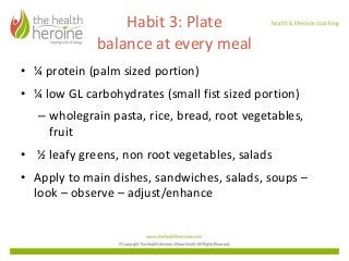 Habit 3: Plate
balance at every meal
• ¼ protein (palm sized portion)
• ¼ low GL carbohydrates (small fist sized portion)
...
