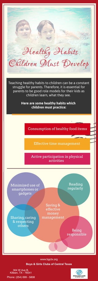 Healthy Habits
Children Must Develop 
Teaching healthy habits to children can be a constant
struggle for parents. Therefore, it is essential for
parents to be good role models for their kids as
children learn, what they see.
Here are some healthy habits which
children must practice:
Consumption of healthy food items
Effective time management
Active participation in physical
activities
Minimized use of
smartphones or
gadgets
Reading
regularly
Sharing,caring
& respecting
others
Being
responsible
Saving &
effective
money
management
www.bgctx.org
Boys & Girls Clubs of Central Texas
304 W Ave B,
Killeen, TX - 76541
Phone: (254) 699 - 5808
 