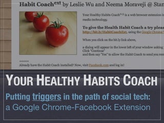 YOUR HEALTHY HABITS COACH
Putting triggers in the path of social tech:
a Google Chrome-Facebook Extension
 