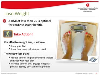 Living Better with Life’s Simple 7American Heart Association
Lose Weight
A BMI of less than 25 is optimal
for cardiovascular health.
11
For effective weight loss, start here:
• Know your BMI
• Know how many calories you need
The weight-loss plan:
• Reduce calories in: plan your food choices
and stick with your plan
• Increase calories out: engage in regular
physical activity, 30-45 minutes per day
Take Action!
 