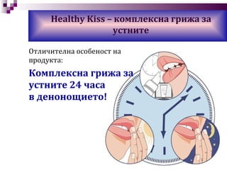 Отличителна особеност на  продукта : Комплексна грижа за  устните  24 часа  в денонощието!   Healthy Kiss –  комплексна грижа за устните  