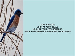TAKE A MINUTE 
LOOK AT YOUR GOALS 
LOOK AT YOUR PERFORMANCE 
SEE IF YOUR BEHAVIOUR MATCHES YOUR GOALS  