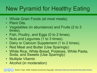 New Pyramid for Healthy Eating <ul><li>Whole Grain Foods (at most meals).  </li></ul><ul><li>Plant Oils.  </li></ul><ul><l...