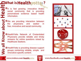 What is
We all Know about Health                                           ?
                           It is fast growing, innovative Arabic
                           social community that is providing
                           personalized evidence based health
                           information.

                           We are providing interaction between
                           the     physicians    and     seeker   in
                           free, innovative and social community.



                           HealthYotta Network of Credentialed
                           Physicians provide reliable and timely
                           answers for online questions raised by
                           Healthcare Seekers.

                           HealthYotta is providing disease support
                           groups containing reliable, simple and
                           innovative specific content.
 