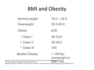 BMI and Obesity Agency for Healthcare Research and Quality.  Screening for obesity in adults.  Accessed June 22, 2010 from http://www.ahrq.gov/clinic/3rduspstf/obesity/obeswh.htm Dugdale DC. Obesity.  MedlinePlus.  Accessed June 22, 2010 from http://www.nlm.nih.gov/medlineplus/ency/article/007297.htm Normal weight 18.5 – 24.9 Overweight 25.0-29.9 Obese ≥ 30 Class I 30-34.9 Class II 35-39.9 Class III ≥ 40 Morbid Obesity > 100 lbs. overweight or  BMI ≥ 40 