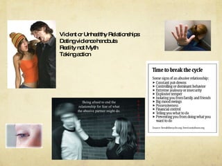Violent or Unhealthy Relationships: Dating violence handouts Reality not Myth Taking action 