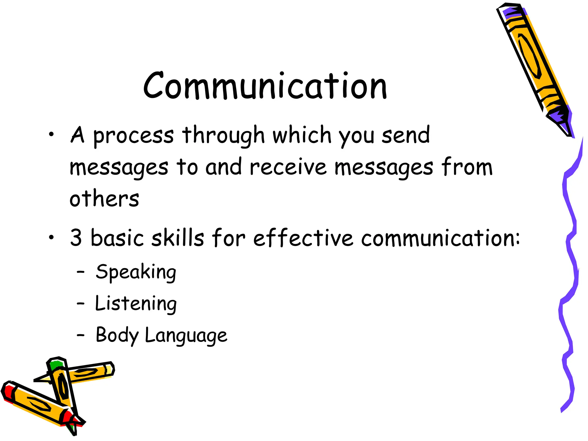 Communication
• A process through which you send
messages to and receive messages from
others
• 3 basic skills for effective communication:
– Speaking
– Listening
– Body Language
 