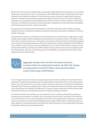 5Executive Summary
We do not tie the scenarios to explicit policy changes that might affect future innovations, such as medical
device taxes, reimbursement rules, or consequences of the Affordable Care Act. Nevertheless, these types
of policies were indirectly considered in constructing the various scenarios. If medical device taxes are
reduced or repealed, reimbursement or appropriate utilization rates increase, or the costs of regulatory
requirements associated with product development decline, the device industry is likely to invest more in
innovation and follow the increased incentives projection. Similarly, factors that erode future profitability
make the decreased incentives scenario more likely.
Our approach to projecting treatment expenditures under these alternative paths involves comparing
projected outcomes resulting from different assumptions about the improvement and diffusion of disease-
specific technology.
To generate these results, we used decision trees that include disease-specific Markov models.These models
identify disease stages and the probability of transitioning from one stage to another. The different values
for the three scenarios by disease are contingent on assumptions of the potential for technological progress
and its impact on individuals’progression through the disease states. These probabilities drive the differing
cost estimates for each scenario and were developed from our review of the literature and discussions
with specialists. While our decision trees differ by disease, all have the same basic structure beginning with
three health states: well, sick, or dead (of any cause). A probability is associated with each state and any
subsequent branch of these states.
For each projected year, the number of people reporting the relevant condition for each health state is
computed.The aging of the population and rising obesity rates are the primary drivers of increasing chronic
disease rates. The per-person cost of each condition and each health state is derived from the Medical
Expenditure Panel Survey, compiled by the U.S. Agency for Healthcare Research and Quality, and the overall
costs of the disease are calculated. The difference in economic impact among the scenarios demonstrates
the benefits and losses associated with investing in medical technology innovation.
As mentioned earlier, the estimates are conservative for not considering savings from avoiding or
ameliorating comorbidities. In addition, the technological improvements assumed in the model are
incremental and do not consider potentially transformative technologies that could produce a greater
impact on treatment economics and GDP. Hypothetical examples might include an artificial pancreas for
type I diabetes, an inexpensive blood screening test for colorectal cancer, or tissue regeneration techniques
to forestall or delay knee and hip replacements.
Aggregate savings stem from the increased incentives
scenario relative to continued incentives. By 2035, the savings
are projected to reach $217 billion. Decreased incentives
result in dissavings of $470 billion.
 