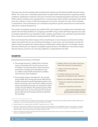 18 Healthy Savings
The main source for lost workdays data associated with a disease was the National Health Interview Survey
(NHIS). The survey asks a nationally representative sample health-related questions regarding medical
conditions, employment, treatment, and cancer screening. The employed population reporting a condition
(EPRC) and lost workdays were calculated from a survey question about whether participants had missed
work due to illness or injury. A GDP-based approach was used to estimate the value of lost workdays,
or absenteeism. Then presenteeism was estimated using disease-specific presenteeism-to-absenteeism
ratios from a study by Goetzel et al.3
The number of employed caregivers by condition (ECC) and caregiver lost workdays were estimated using
studies from the National Alliance for Caregiving and AARP.4
Using a similar GDP-based approach, the value
of caregiver absenteeism was calculated. Further, caregiver presenteeism was estimated using information
from a study by Levy and indexed to employed patients’ (EPRC) presenteeism.5
Once we estimated the indirect impact of the overall disease, it was necessary to estimate the indirect
impact associated with the use of medical technology. In many cases, such technology can lower the
indirect impact associated with a disease because of better labor market outcomes. For example, a device
that eases arthritis pain can improve an employee’s job performance. The difference in the indirect impact
between device use and no use is the value added to or subtracted from the GDP.
DIABETES
Examining historical trends, we find that:
·· The average annual U.S. (2008-2010)6
economic
impact associated with insulin pump use was
$3.2 billion. To break that down, direct treatment
and disease management expenditures were
$1.2 billion and lost GDP amounted to $2 billion.
(See Summary Chart: Diabetes.)
·· Due to better disease management, the average
annual (2008-2010) savings per person affected was
$5,886 compared to insulin-dependent patients who
did not use pumps.This is due to the smaller economic
impact associated with pump use compared to other
modes of insulin delivery. The greatest portion of this
benefit stems from an economic gain of $5,278 per
person affected amid rising productivity and fewer
lost workdays.
3.	 Goetzel et al. “Health, Absence, Disability, and Presenteeism Cost Estimates of Certain Physical and Mental Health Conditions Affecting U.S.
Employers,” Journal of Occupational and Environmental Medicine 46, (2004).
4.	 National Alliance for Caregiving (NAC) and AARP. “Caregiving in the U.S.,” 2009.
5.	 David Levy. “Presenteeism: A Method for Assessing the Extent of Family Caregivers in the Workplace” (American Association for Caregiver
Education, 2003). See also David Levy. “Presenteeism: A Method for Assessing the Extent of Family Caregivers in the Workplace and Their
Financial Impact” (American Association for Caregiver Education, 2007).
6.	 Data was calculated annually for the period 2005-2010. Average annual economic impacts, the sum of treatment expenditures and indirect
impact, are calculated for 2008-2010.
»» Diabetes affects 25.8 million Americans
(more than 8 percent of population).
»» 7 million of this 25.8 million are
undiagnosed.
»» 5.4 million Americans are insulin
dependent (including all type 1 diabetics).
»» Deaths from diabetes-related disorders:
•	28 percent caused by cerebrovascular
disease
•	55 percent caused by renal failure
Sources: Centers for Disease Control and
Prevention, American Diabetes Association,
Diabetes/Metabolism Research and Reviews.
 