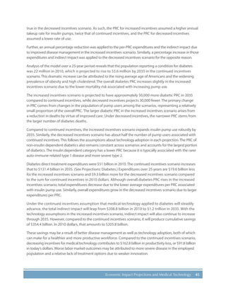 45Economic Impact Projections and Medical Technology
true in the decreased incentives scenario. As such, the PRC for increased incentives assumed a higher annual
takeup rate for insulin pumps, twice that of continued incentives, and the PRC for decreased incentives
assumed a lower rate of use.
Further, an annual percentage reduction was applied to the per-PRC expenditures and the indirect impact due
to improved disease management in the increased incentives scenario. Similarly, a percentage increase in those
expenditures and indirect impact was applied to the decreased incentives scenario for the opposite reason.
Analysis of the model over a 25-year period reveals that the population reporting a condition for diabetes
was 22 million in 2010, which is projected to rise to 55.6 million by 2035 in the continued incentives
scenario. This dramatic increase can be attributed to the rising average age of Americans and the widening
prevalence of obesity and high cholesterol. The overall diabetes PRC increases slightly in the increased
incentives scenario due to the lower mortality risk associated with increasing pump use.
The increased incentives scenario is projected to have approximately 50,000 more diabetic PRC in 2035
compared to continued incentives, while decreased incentives projects 30,000 fewer. The primary change
in PRC comes from changes in the population of pump users among the scenarios, representing a relatively
small proportion of the overall PRC. The larger diabetic PRC in the increased incentives scenario arises from
a reduction in deaths by virtue of improved care. Under decreased incentives, the narrower PRC stems from
the larger number of diabetes deaths.
Compared to continued incentives, the increased incentives scenario expands insulin pump use robustly by
2035. Similarly, the decreased incentives scenario has about half the number of pump users associated with
continued incentives.This follows the assumptions about technology adoption in each projection.The PRC of
non-insulin dependent diabetics also remains constant across scenarios and accounts for the largest portion
of diabetics. The insulin dependent category has a lower PRC because it is typically associated with the rarer
auto-immune-related type 1 disease and more severe type 2.
Diabetes direct treatment expenditures were $51 billion in 2010.The continued incentives scenario increases
that to $131.4 billion in 2035. (See Projections: Diabetes.) Expenditures over 25 years are $19.6 billion less
for the increased incentives scenario and $9.3 billion more for the decreased incentives scenario compared
to the sum for continued incentives in 2010 dollars. Although overall diabetes PRC rises in the increased
incentives scenario, total expenditures decrease due to the lower average expenditures per PRC associated
with insulin pump use. Similarly, overall expenditures grow in the decreased incentives scenario due to larger
expenditures per PRC.
Under the continued incentives assumption that medical technology applied to diabetes will steadily
advance, the total indirect impact will leap from $208.8 billion in 2010 to $1.2 trillion in 2035. With the
technology assumptions in the increased incentives scenario, indirect impact will also continue to increase
through 2035. However, compared to the continued incentives scenario, it will produce cumulative savings
of $354.4 billion. In 2010 dollars, that amounts to $205.8 billion.
These savings may be a result of better disease management as well as technology adoption, both of which
can make for a healthier and more productive workforce. Compared to the continued incentives scenario,
decreasing incentives for medical technology contributes to $162.8 billion in productivity loss, or $91.8 billion
in today’s dollars. Worse labor market outcomes may be attributed to more severe disease in the employed
population and a relative lack of treatment options due to weaker innovation.
 