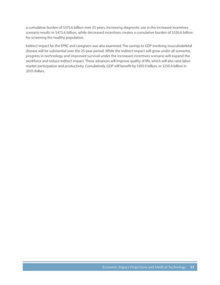 53Economic Impact Projections and Medical Technology
a cumulative burden of $375.6 billion over 25 years. Increasing diagnostic use in the increased incentives
scenario results in $473.6 billion, while decreased incentives creates a cumulative burden of $326.6 billion
for screening the healthy population.
Indirect impact for the EPRC and caregivers was also examined.The savings to GDP involving musculoskeletal
disease will be substantial over the 25-year period. While the indirect impact will grow under all scenarios,
progress in technology and improved survival under the increased incentives scenario will expand the
workforce and reduce indirect impact. These advances will improve quality of life, which will also raise labor
market participation and productivity. Cumulatively, GDP will benefit by $393.9 billion, or $250.4 billion in
2010 dollars.
 