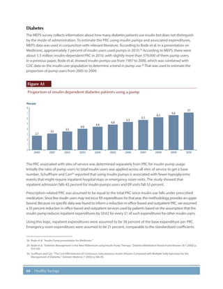 68 Healthy Savings
Diabetes
The MEPS survey collects information about how many diabetes patients use insulin but does not distinguish
by the mode of administration. To estimate the PRC using insulin pumps and associated expenditures,
MEPS data was used in conjunction with relevant literature. According to Bode et al. in a presentation on
Medtronic, approximately 7 percent of insulin users used pumps in 2010.28
According to MEPS, there were
about 5.3 million insulin-dependent PRC in 2010, with slightly more than 379,000 of them pump users.
In a previous paper, Bode et al. showed insulin pumps use from 1997 to 2000, which was combined with
CDC data on the insulin user population to determine a trend in pump use.29
That was used to estimate the
proportion of pump users from 2005 to 2009.
Figure A1
Proportion of insulin dependent diabetes patients using a pump
Percent
0
1
2
3
4
5
6
7
8
2000
2.7
3.1
3.5
4.0
4.4
4.8
5.3
5.7
6.2
6.6
7.1
2001 2002 2003 2004 2005 2006 2007 2008 2009 2010
The PRC associated with sites of service was determined separately from PRC for insulin pump usage.
Initially the ratio of pump users to total insulin users was applied across all sites of service to get a base
number. Schuffham and Carr30
reported that using insulin pumps is associated with fewer hypoglycemic
events that might require inpatient hospital stays or emergency room visits. The study showed that
inpatient admission falls 43 percent for insulin pumps users and ER visits fall 53 percent.
Prescription-related PRC was assumed to be equal to the total PRC since insulin use falls under prescribed
medication.SincefewinsulinusersmaynotincurRXexpendituresforthatyear,thismethodologyprovidesanupper
bound. Because no specific data was found to inform a reduction in office-based and outpatient PRC, we assumed
a 35 percent reduction in office-based and outpatient services used by patients based on the assumption that the
insulin pump reduces inpatient expenditures by $0.62 for every $1 of such expenditures for other insulin users.
Using this logic, inpatient expenditures were assumed to be 38 percent of the base expenditure per PRC.
Emergency room expenditures were assumed to be 21 percent, comparable to the standardized coefficients
28.	Bode et al. “Insulin Pump presentation for Medtronic.”
29.	 Bode et al. “Diabetes Management in the New Millennium using Insulin Pump Therapy.” Diabetes/Metabolism Research and Reviews 18:1 (2002) p.
S14-S20.
30.	Scuffham and Carr, “The Cost-Effectiveness of Continuous Subcutaneous Insulin Infusion Compared with Multiple Daily Injections for the
Management of Diabetes,” Diabetes Medicine 7 (2003) p.586-93.
 
