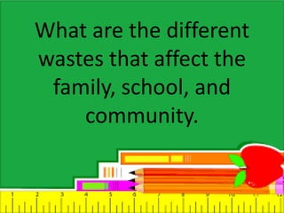 What are the different
wastes that affect the
family, school, and
community.
 