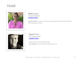 10
Kathy Seigler
Co-Founder & CEO
LinkedIn Profile
Founder & CEO, Ecommerce Superstores, awarded Hot 100 Best Retail Webistes
2011 (Acquired Dec 2012)
TEAM
Dr Kathy Seigler, Founder & CEO | Kgseigler@yahoo.com | 270.303.7300
David Scifres
Co-Founder & CTO
LinkedIn Profile
Award winning, results-oriented leader
Vice President Interactive Media, Affinity Group, Inc.
 