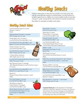 Healthy Snacks
                                  	Children need snacks to keep their busy bodies and minds going. Not
                                    only do snacks provide energy for growing bodies, but they present an
                                    excellent opportunity for children to consume healthy foods to meet their
                                    “Energy In” goals, and get all the vital nutrients for growth and learning!
                                  	       See below for examples of healthy snack ideas:


Healthy Snack Ideas
Low-Fat/Fat-Free Yogurt (4 ounces)                         Granola Bar (1 serving)
Orange (1 medium)                                          100% Fruit Juice (¾ cup)
Water
                                                           Apple Slices (1 apple)
Alphabet-Shaped Pretzels (1 package)                       Caramel Dip (1-oz. package)
100% Orange Juice (¾ cup)                                  Low-Fat/Fat-Free Milk (1 cup)

Vanilla Wafers (6 to 10 wafers)                            Cheese Crackers (4 count)
Low-Fat/Fat-Free Chocolate Milk (1 cup)                    Low-Fat/Fat-Free Milk (1 cup)

Low-Fat/Fat-Free Chocolate Milk (1 cup)                    Low-Fat/Fat-Free Milk (1 cup)
Bagel (.9 ounces) with Peanut Butter (1 ounce)             Carrot Sticks/Pepper Strips (¾ cup)
                                                           Low-Fat Ranch Dressing (2 tablespoons)
Graham Crackers (3 count)
                                                           Muffin (1 small)
Low-Fat/Fat-Free Milk (1 cup)
                                                           Cantaloupe and Grapes (¾ cup)
Low-Fat/Fat-Free Yogurt (4 ounces)                         Dip for Fruit
100% Orange Juice (¾ cup)
                                                           Soft Pretzel (1 serving)
½ Peanut Butter Sandwich                                   Low-Fat/Fat-Free String Cheese (1 ounce)
100% Apple Juice (¾ cup)                                   Water
Low-Fat/Fat-Free Mozzarella String Cheese (1 ounce)        Grilled Ham and Cheese Sandwich (1 slice of bread,
100% Fruit Juice (¾ cup)                                   1 ounce low-fat/fat-free cheese, 1 ounce ham)
                                                           Water
Mini Oatmeal Cookies (1 package)
100% Blended Strawberry Low-Fat/Fat-Free Yogurt            Blueberry Muffin (1 serving)
(4 ounces)                                                 Low-Fat/Fat-Free Chocolate Milk (1 cup)

Low-Fat/Fat-Free Chocolate Milk (1 cup)                    Baby Carrots (1.6-ounce bag)
Mixed Fruit in Light Syrup (¾ cup)                         Vanilla Wafers (6 to 10 wafers)
                                                           Low-Fat/Fat-Free Milk (1 cup)
Banana (1)
Cheese  Peanut Butter Crackers (1 pack)                   Low-Fat/Fat-Free Chocolate Milk (1 cup)
Water                                                      Banana (1 medium)
Tiny Twist Pretzels (1 serving)                            Ham Sandwich (1 ounce ham, 1 slice bread)
Low-Fat/Fat-Free Milk (1 cup)                              100% Orange Juice (¾ cup)
Red Delicious Apple (1)
Teddy Grahams (1 package)
Low-Fat/Fat-Free Milk (1 cup)
                                                           A special thank you to the Department of Recreation
Whole Wheat Crackers (8 crackers)                          and Parks in Baltimore, Maryland; the Kansas City, Missouri,
Carrots/Fresh Green Beans (¾ cup)                          School District; the Vermont Campaign to End Childhood
Low-Fat Dip for Vegetables                                 Hunger; and the United States Department of Agriculture
Water                                                      for providing snack ideas and information.

Healthy Snacks                                                                                             Page 1
 