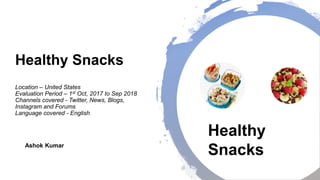 Healthy Snacks
Location – United States
Evaluation Period – 1st Oct, 2017 to Sep 2018
Channels covered - Twitter, News, Blogs,
Instagram and Forums
Language covered - English
Healthy
SnacksAshok Kumar
 