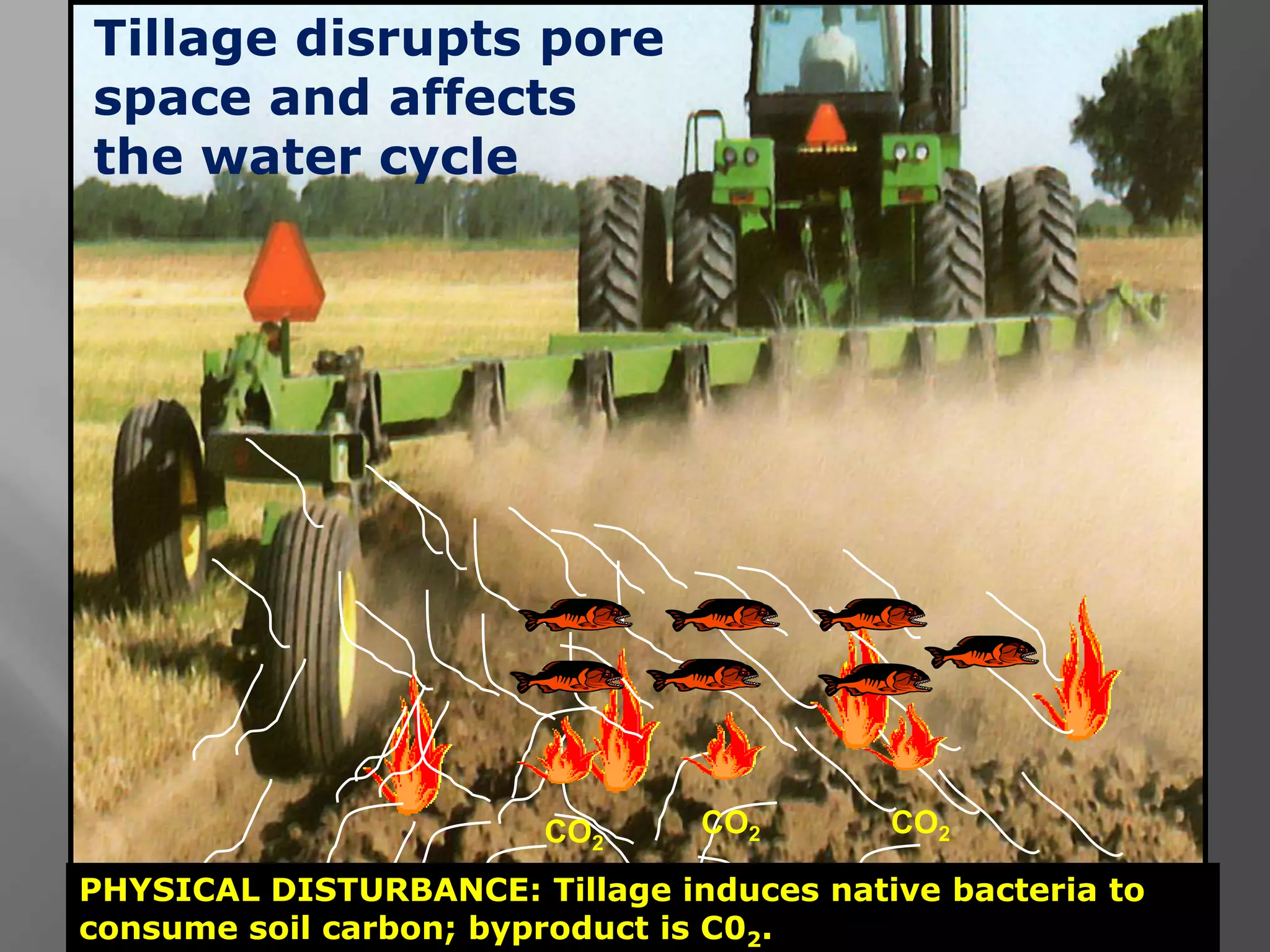 Loss of SOM as CO2
CO2
CO2CO2
PHYSICAL DISTURBANCE: Tillage induces native bacteria to
consume soil carbon; byproduct is C02.
Tillage disrupts pore
space and affects
the water cycle
 