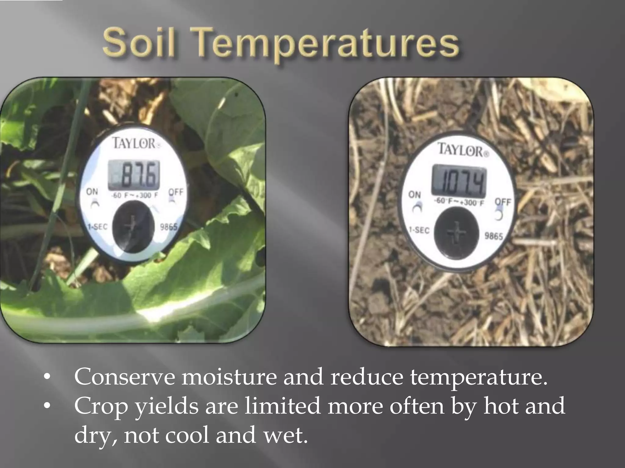 • Conserve moisture and reduce temperature.
• Crop yields are limited more often by hot and
dry, not cool and wet.
 