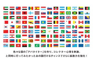 色々な国の「アパタイター」を作り、コレクター心理を刺激。
と同時に行ってみたかったあの国行けるチャンスでさらに拡散力を強化！
 