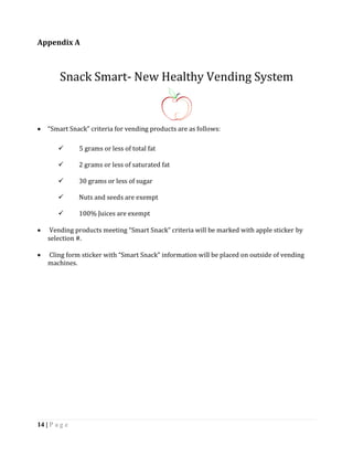 Appendix A



        Snack Smart- New Healthy Vending System


   “Smart Snack” criteria for vending products are as follows:

              5 grams or less of total fat

              2 grams or less of saturated fat

              30 grams or less of sugar

              Nuts and seeds are exempt

              100% Juices are exempt

    Vending products meeting “Smart Snack” criteria will be marked with apple sticker by
    selection #.

   Cling form sticker with “Smart Snack” information will be placed on outside of vending
    machines.




14 | P a g e
 