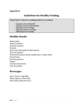 Appendix K

                       Guidelines for Healthy Vending
“Smart Snack” criteria for vending products are as follows:

        -   5 grams or less of total fat
        -   2 grams or less of saturated fat
        -   30 grams or less of sugar
        -   Nuts and seeds are exempt
        -   100% Juices are exempt


Healthy Snacks
Baked chips
Animal Crackers
Graham Crackers
Pretzels
Nuts and seeds (plain & with spices)
Trail mix (plain)
Dried fruit (raisins, dried cranberries, or other fruit)
Fruit Snacks
Fat-free popcorn
Yogurt
Granola/cereal bars
Low fat cookies

Beverages
Juice- fruit or vegetable
Water (plain or flavored)
Diet sodas (coke zero etc.)




26 | P a g e
 