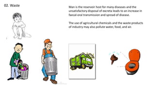 02. Waste Man is the reservoir host for many diseases and the
unsatisfactory disposal of excreta leads to an increase in
faecal-oral transmission and spread of disease.
The use of agricultural chemicals and the waste products
of industry may also pollute water, food, and air.
 