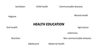 HEALTH EDUCATION
Sanitation
Hygiene
Nutrition
Adolescent Maternal health
Child health Communicable diseases
Non communicable diseases
Mental health
Oral health Agriculture
veterinary
 
