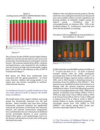 3
Figure 6
Leading Causes of Death in CARPHA Member States,
2000 - 2012
Source: [4]
The economic burden of NCDs includes higher lifetime
health care costs but also the indirect costs such as lost
productivity, household poverty and forgone national
income. The economic burden of two NCDs—diabetes
and hypertension—was estimated for the Caribbean
and was found to be high and unsustainable, ranging
from 1.4% of GDP in the Bahamas to 8% of GDP in
Trinidad and Tobago [5].
Risk factors for NCDs have traditionally been
associated with the ageing populations. In recent
years, however, children and young people in our
region have also become susceptible to nutrition-
related chronic illnesses.
1.2 Childhood obesity is a public health issue that
can erode advances made to improve the health
status of children.
The health status of the region’s children and young
people has dramatically improved over the past
decades. Infant mortality rates have been moving
downwards; improved sanitation has significantly
reduced the prevalence of diarrhoeal and infectious
diseases and national immunization programmes
have contributed to the near elimination of childhood
vaccine preventable diseases in most countries.
Despite these gains, a new epidemiologic crisis is on
the horizon and threatens to erode much of the gains
that have been made.
Children’s diet and physical activity patterns, like the
adults have also undergone transition over the past 20
years and available evidence reveals a significant and
growing problem of unhealthy weights among the
region’s young. Prevalence rates for
overweight/obesity are between 28% - 35% in the
Caribbean (Figure 7). Furthermore, trend data also
show that the problem is escalating.
Figure 7
Prevalence of Overweight/Obesity among children in
the Caribbean, 4 – 20 years
Source: [6], [7], [8], [9], [10], [11]
A 2003 study that included BMI tracking of children at
7 – 8 years and then at 11 – 12 years in Jamaica
revealed obesity rates for study participants
increasing from 3.5% to 9.5% after follow-up [12]. In
Trinidad and Tobago, separate studies conducted in
2001, and in 2010 showed a disturbing increase in
prevalence from 5% (2001) to 26% (2010)[13]. This
upward course identified for these two countries is in
keeping with the general trajectory previously
established in others. In all of the following countries,
rates for overweight/obesity over 1990 – 2000 moved
upward: in Dominica from 6.0%in 1990 to 9.7% in
1999; in St. Kitts, from 7.1% in 1990 to 10.6% in 1999;
in St. Vincent from 6.9% in 1991 to 7.2% in 1998; and
in Guyana from 6.7% in 1996 to 12.9% in 2000[14].
Among children in Aruba, estimated prevalence of
overweight moved from 15% (2001) to 37%
(2004)[15] and obesity among Saint Lucian pre-
schoolers reportedly tripled in 30 years[16].
1.3 The Prevalence of Childhood Obesity in the
Caribbean is around the global average.
 